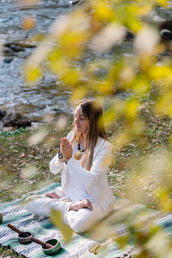 woman doing different mudras alternative medicine, mental health Stock